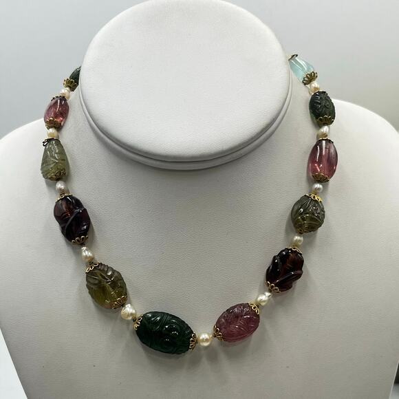 Vintage Carved Gems Pearl Jade Aquamarine Tourmaline 14k Clasp Necklace - Picture 1 of 16